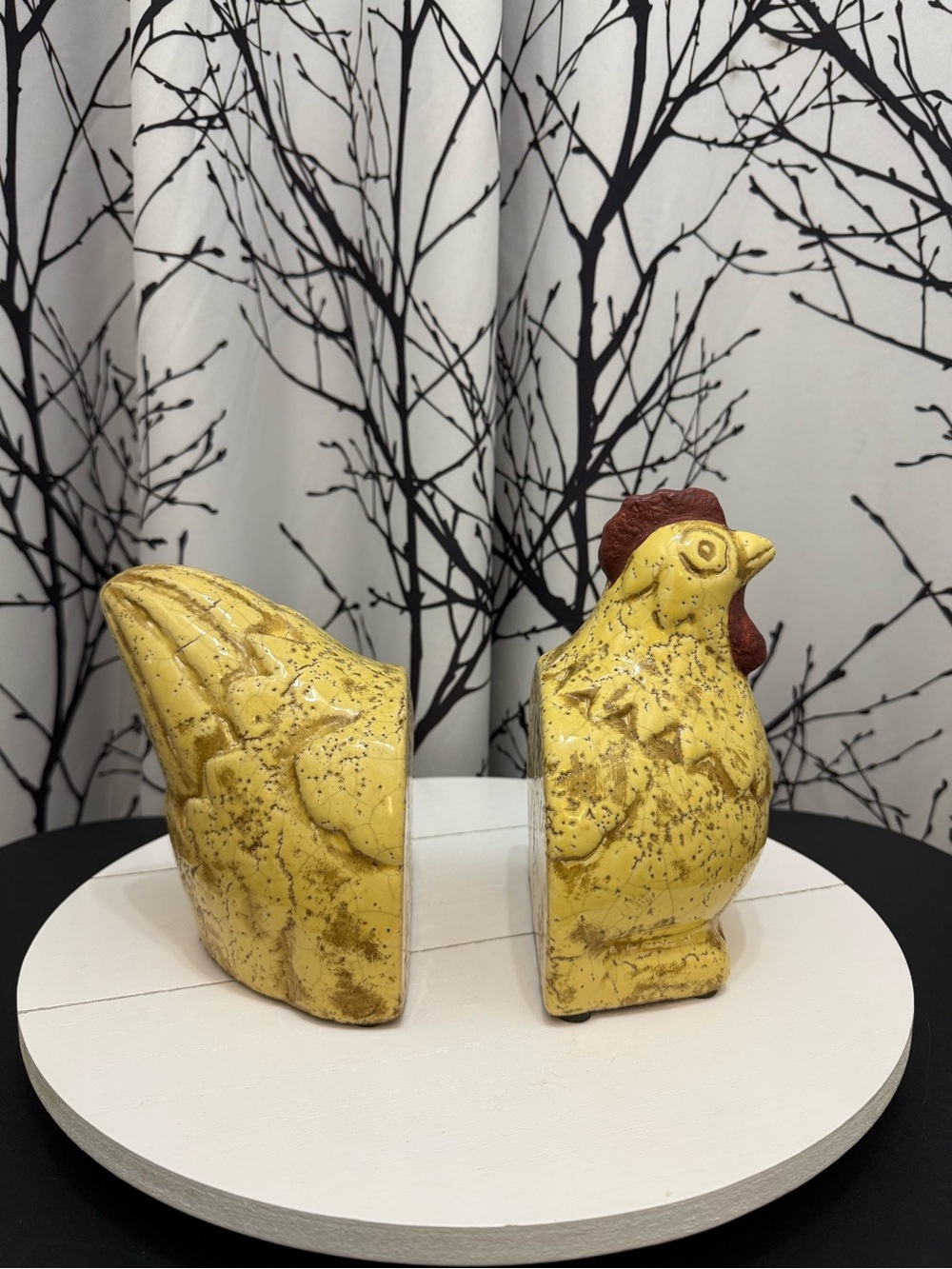 Farmhouse French Yellow Glazed Pottery Bookends rooster chicken hen